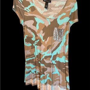 I N C Aqua and Brown Camouflage Tee with Sequin Pocket